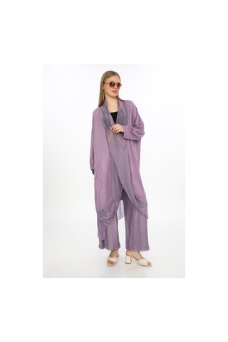 Bohem Stil İpek Detaylı Oversize Kap Bluz- Wes Pantolon Takım-8863 Leylak Lila
