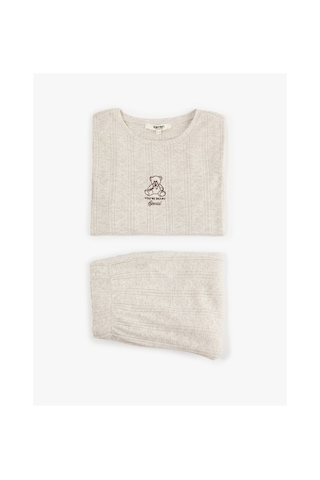 Koton Baskılı Kısa Kollu Bisiklet Yaka Rahat Kalıp Triko Pijama Takımı Bej Melanj 7wlk40116mk