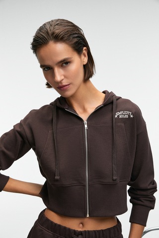 Grımelange Elara Kadın Metal Fermuarlı Nakışlı Kapüşonlu Crop Koyu Kahverengi Sweatshirt Koyu Kahverengi