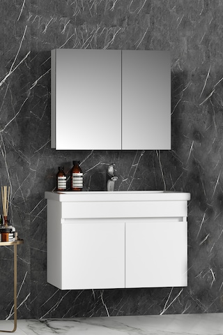 Çiğdem 80 Cm Beyaz Mdf Seramik Lavabolu Asma Banyo Dolabı Takımı Beyaz