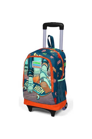 Coral High Kids Civit Neon Turuncu Kaykay Desenli Üç Bölmeli Işıklı Tekerlekli Çekçekli Okul Sırt Çantası 23923