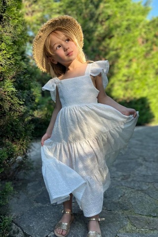 Noble Kids Kız Çocuk Fiyonk Detaylı Brode Fistolu Elbise Beyaz