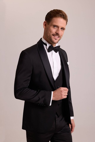 Ysf Erkek Siyah Şal Yaka Yelekli Slim Fit Damatlık