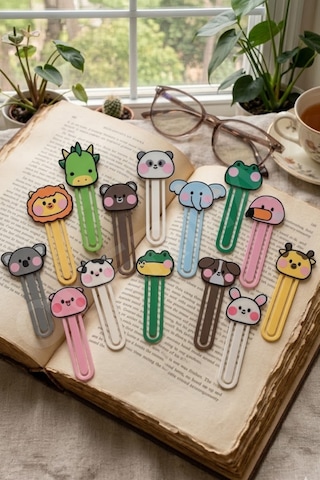 Eğlenceli Hayvan Figürlü Kitap Ayracı Seti 14'lü Renkli Kawaii Tasarım Okuma Ayracı 14'lü Set - 882824174