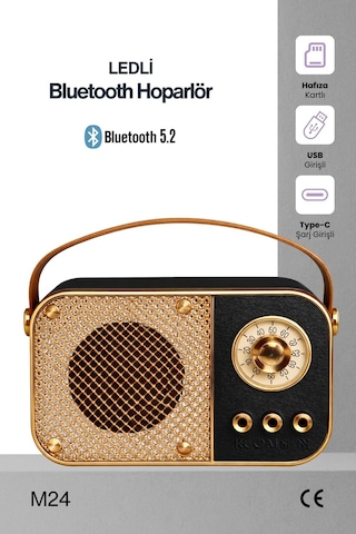 Nostaljik Bluetooth Hoparlör Bluetooth 5.2 Usb & Tf Kart Destekli Led Taşınabilir Speaker Siyah