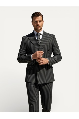 Hermose Sartorial Onyx Siyah Kruvaze Çizgili Takım Elbise