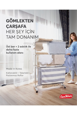 Home S3 Premium 3 Katlı Çamaşırlık Made in Korea Tam Katlanır Tekerlekli Çamaşır Kurutmalık