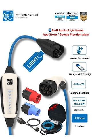 Çantalı Premium Set 16a Light 11kw Ev Prizi 7.5m Ac Mobil Monofaze & Trifaze Şarj Wallbox 11 Kw