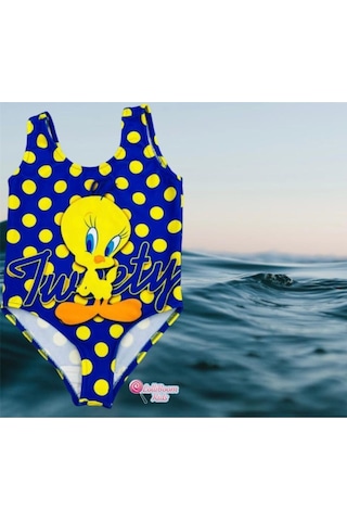 Lolliboomkids Kız Çocuk Puantiye Tweety Baskılı Lacivert Sarı Askılı Mayo Sarı - Mavi