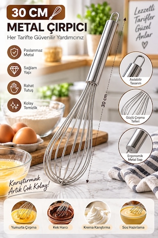 30 Cm Metal Çırpıcı Paslanmaz Çelik El Çırpıcısı Yumurta Kek Krema Sos Karıştırıcı Mutfak Gereci Tel Gümüş