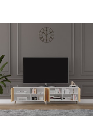 Asra Trend Tv Ünitesi T-02 %100 MDF 160 cm Tv Sehpası 4 Kapaklı Raflı Beyaz-Safir Meşe