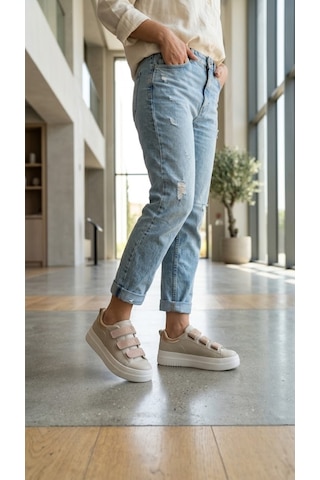 Shoetek Orrel Kadın Sneakers Üç Bantlı Taşlı Spor Ayakkabı Bej Deri