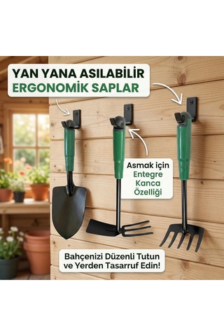Çapa Tırmık Kürek 3'lü Set Metal Hobi Bahçe El Aletleri Saksı, Çiçek, Bitki Ve Toprak Kazma Seti