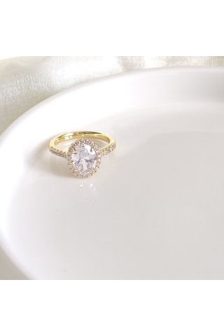 Xupıng Oval Taşlı Gold Yüzük - 14 Beyaz