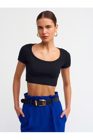 Dilvin Kısa Kollu Crop Top Siyah