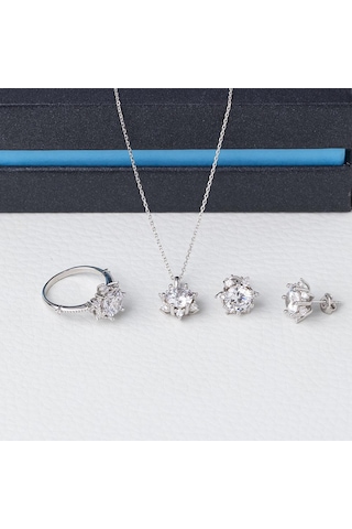 7 Mm Zirkon Taşlı Lotus-çiçek Model 925 Ayar Gümüş Üçlü Kadın Takı Seti Gümüş