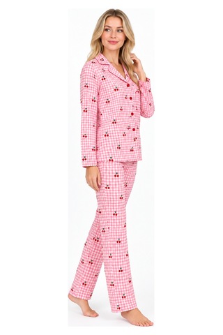 Sleeeproom Kadın Süet Düğmeli Mevsimlik Ekose Desen Pembe Pijama Takımı Pembe - Beyaz