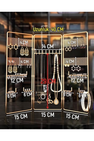 Takı Düzenleyici 3'Lü Altın Takı Organizeri Dekoratif Takılık Küpelik Bileklik Kolye Seti Standı Metal Gold