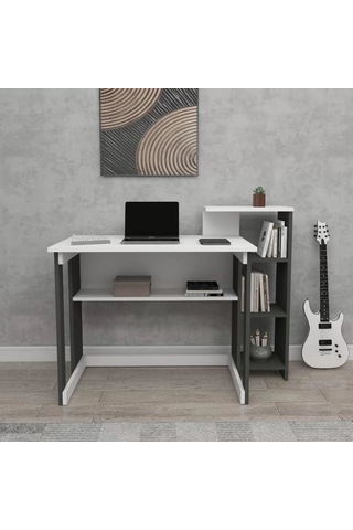 Reyo Home Enda Saye 5 Raflı Kitaplıklı Çalışma Masası Antrasit - Beyaz