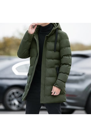 Orta Kalınlık Kışlık Rahat Ve Hafif Pamuklu Kapüşonlu Moda Erkek Mont Yeşil