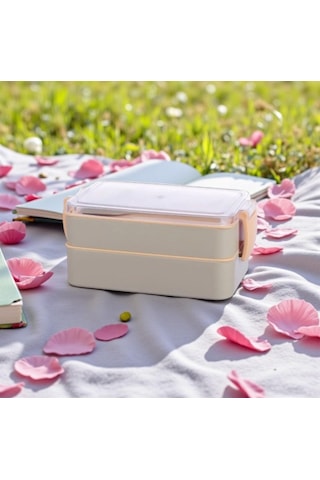 Titiz Fely 2 Katlı Öğle Yemeği Kabı - Çatal Kaşık Dahil - Sızdırmaz & Kilitli Lunch Box- Krem Renk Çok Renkli