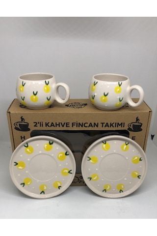 El Yapımı Limon Desenli 2'li Kahve Fincan Takımı Çok Renkli