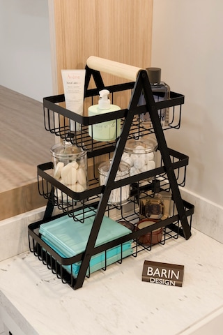 3 Katlı Metal Telli Banyo Düzenleyici Raf Havluluk, Pamukluk, Kişisel Bakım Ve Kozmetik Organizer Siyah