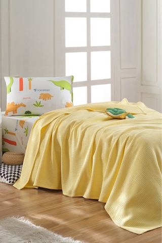Eponj Home Lastikli Çarşaflı Pike Takımı Tek Kişilik %100 Pamuk 3 Parça Dinolar Desenli Beyaz Weave Serisi Beyaz