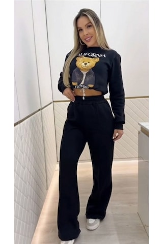 Efnaz Style Kadın Uzun Kollu Bisiklet Yaka Desenli Iki Iplik Şardonlu Bluz Ve Pantolon Ikili Takım Siyah