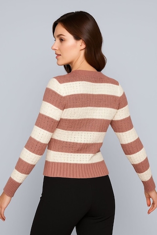 Hira Life Fashion Kadın Önü Düğmeli Ve Çift Renkli Triko Hırka Gül-beyaz Gül-beyaz