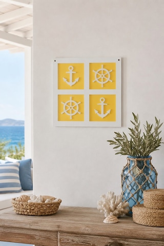 Denizci Temalı Çapa Dümen Duvar Dekoru 21x21 Cm, Yazlık Ev Antre Hol Sahil Evi Şık Süs Tablosu Sarı