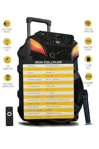 Bluetooth Hoparlör Speaker Karaoke Mikrofonlu Süper Bas Hoparlör 2x30w Büyük Boy Tekerlekli 5400mah