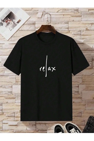 Relax T-shirt - Siyah Baskılı Oversize Bisiklet Yaka Kısa Kol Tişört Siyah