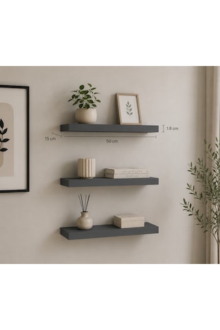 3 Lü Antrasit Duvar Rafı Seti 50x15 Cm Suntalam Dekoratif Raf-montaj Aparatları Duvar Dübeli Ve Raf Vidası