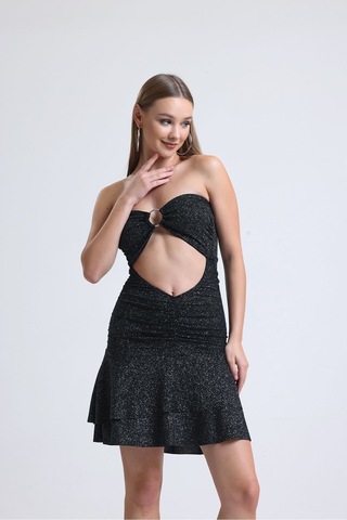 Siyah Önden Halkalı Bel Kısmı Açık Cift Kat Kloş Etekli Elbise Siyah