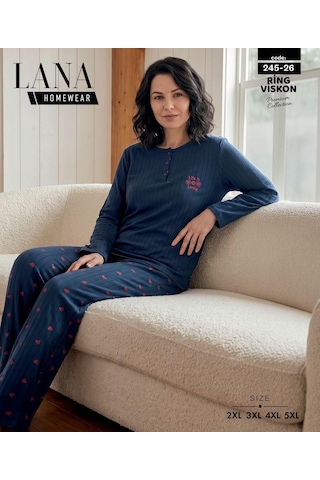 Lana Kadın Battal Pamuk Likralı Raporlu İnterlok Kışlık Pijama Takımı 245/26 - 1 Adet Lacivert
