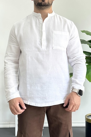 Erkek Hakim Yaka Yarım Patlı Cepli Gömlek Beyaz Edw361 Beyaz