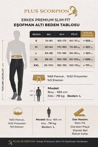 Plus Scorpion Erkek Slim Fit Pamuklu Eşofman Altı Siyah