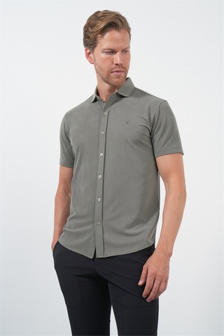 İmza Haki İtalyan Yaka Kısa Kol Cepsiz Slim Fit Esnek Gömlek 1004260159 Koyu Haki