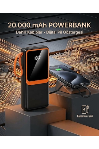 20000 Mah Yüksek Kapasiteli Powerbank Dahili Kablolu Dijital Göstergeli Taşınabilir Şarj Cihazı Sarı