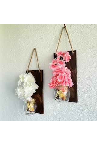 Led Işıklı, Pembe Ve Beyaz Bahardalı Çiçekli Duvar Dekoru Ceviz İkili Set Ceviz