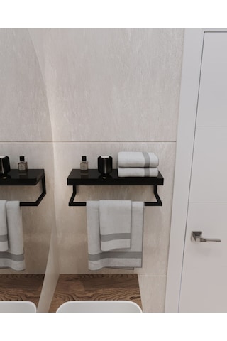 Aju Havluluk Duvara Monte Raf Aksesuarlık Şal Askılığı Ev Banyo Mutfak Düzenleyici Çok Amaçlı Raf Siyah Siyah