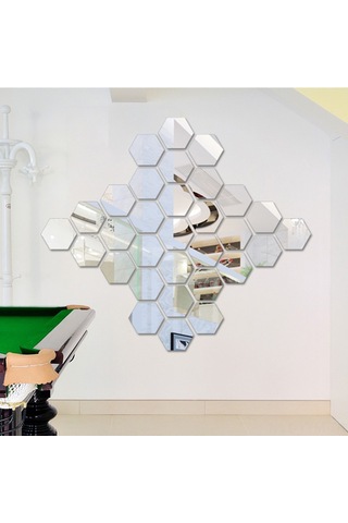 Geeksen 12 Adet 10x8 Cm 1mm Kalınlığı Silver Akrilik Otomatik Yapışkan Altıgen Yansıtıcı Duvar Sticker Gümüş