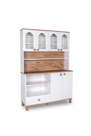 Modilay Bohem Membran Kahve Köşesi Ve Çok Amaçlı Dolap - Camlı Vitrinli Mutfak Konsolu - 128 Cm Ceviz - Beyaz
