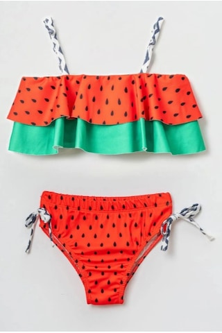 Bunny Hopp Kız Çocuk Karpuz Desenli Fırfırlı Bikini Takımı - Hızlı Kuruyan Deniz Ve Havuz Seti Kırmızı