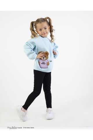 Kız Çocuk Orta Kalınlıkta Baskılı Örme Basic Taytlı Alt Üst Takımı Mavi