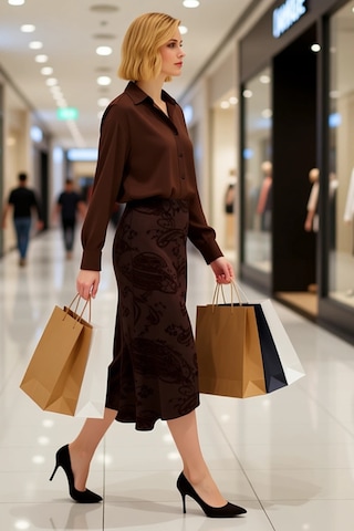 Benerly Kadın A Line Midi Etek Şal Desenli Düşük Bel %92 Polyester %8 Ela Kahverengi