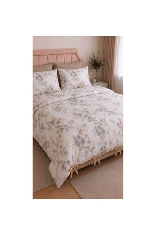%100 Pamuk Çift Kişilik Okaliptüs Desenli Nevresim Seti 220x200 Cm Bağcıklı 2 Desenli + 2 Düz Beyaz Yastık Kılıfı Bej - 909842495 Bej