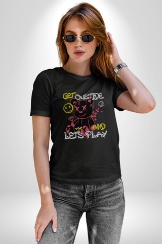 Dışarı Çık Ve Oynayalım Teddy Unisex Unisex Siyah Organik Baskılı T-shirt Penye Yüksek Kalite Siyah