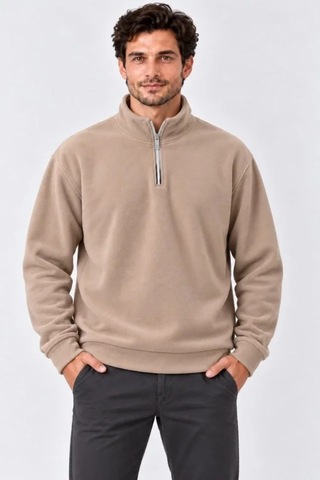Suma Erkek Polar Dik Yaka Yarım Fermuarlı Uzun Kollu Regular Fit Kışlık Sweatshirt - Bej